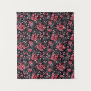 Tenture Fleurs rouges sur fond gris-noir.