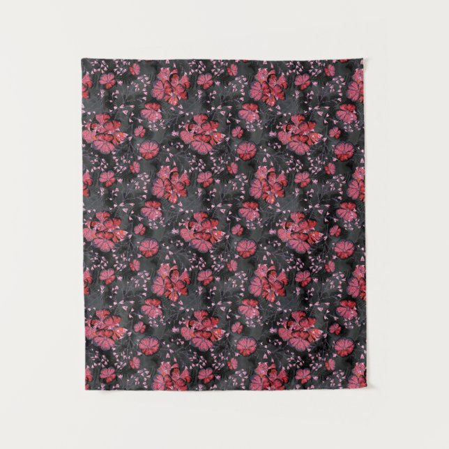 Tenture Fleurs rouges sur fond gris-noir. (Devant)