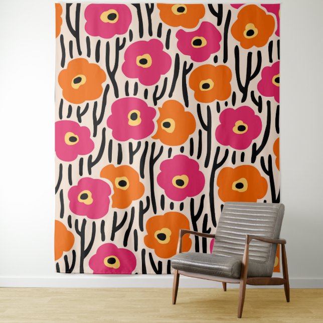 Tenture Fleurs sauvages Motif rose chaud et orange (En situation)