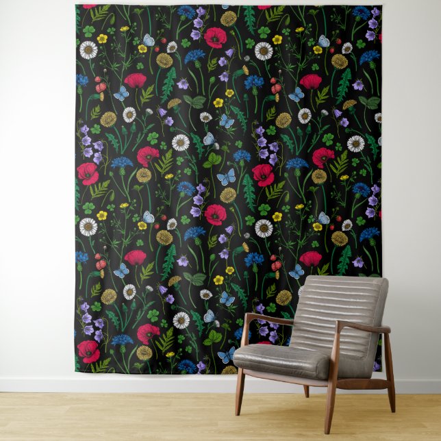 Tenture Fleurs sauvages sur fond noir (En situation)