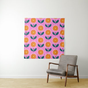 Tenture Fleurs scandinaves mignonnes en rose et orange