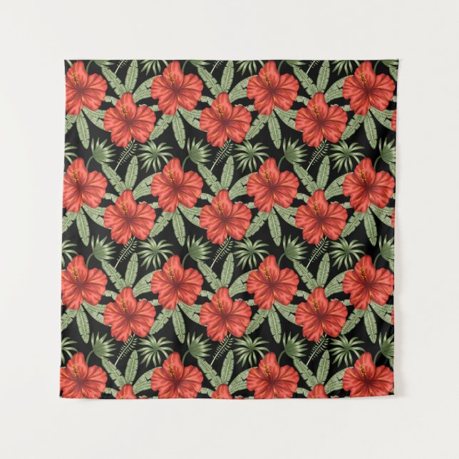 Tenture Fleurs tropicales rouges sans coutures motif vert  (Devant)