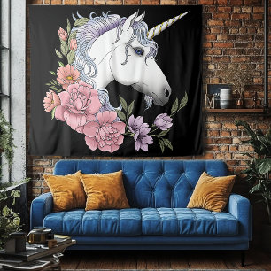 Tenture Fleurs Unicorne Blanches Rose Noir
