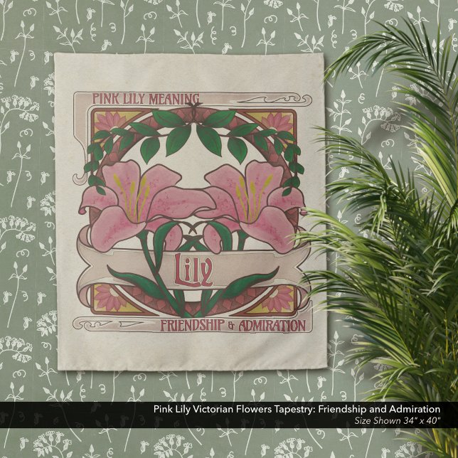 Tenture Fleurs victoriennes Lily rose Amitié Amiration (Pink Lily Victorian Flowers Tapestry: Friendship and Admiration–Antique White Background)