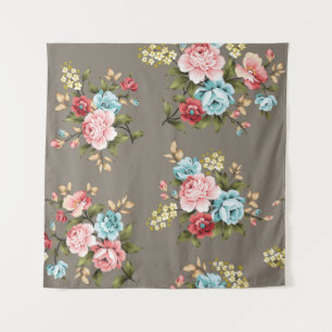 Tenture Fleurs vintages roses et bleues avec vert et crème