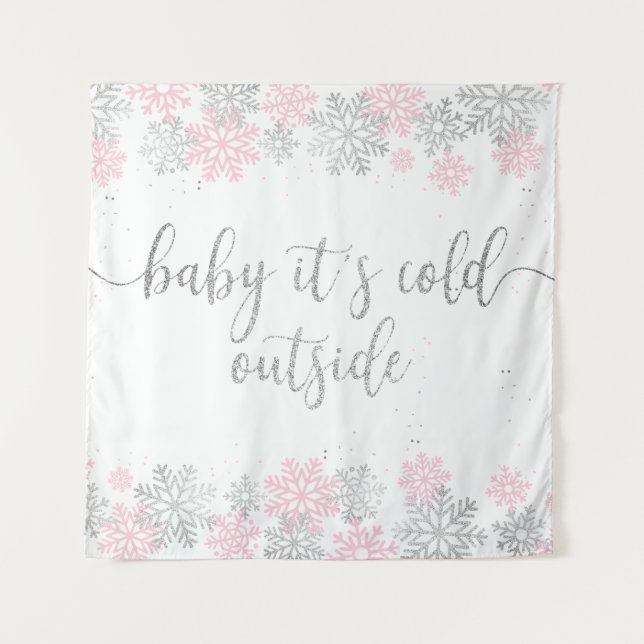 Tenture Flocons de neige roses et argentés en hiver (Devant)