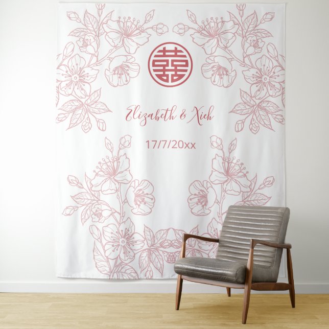 Tenture Floral Dusty rose Mariage chinois fond (En situation)