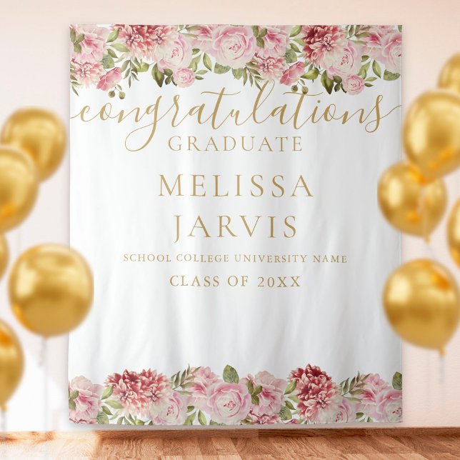 Tenture Floral Rose Gold Script Graduation photo fond (Créateur téléchargé)