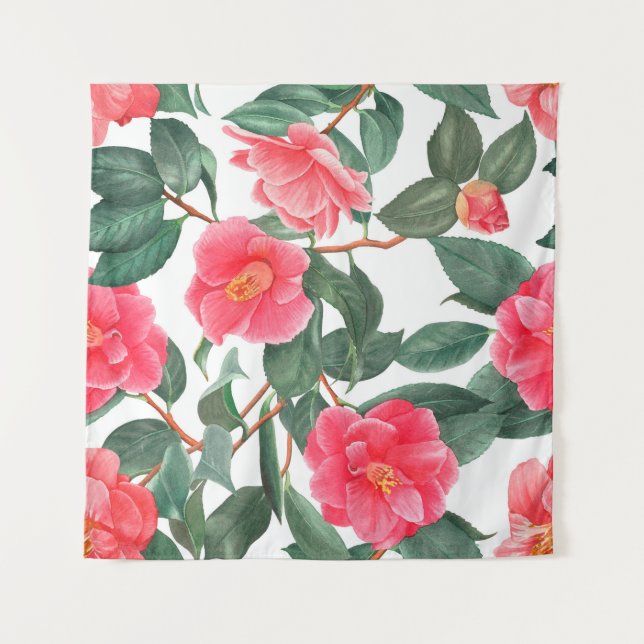 Tenture Floral sans couture motif, fleurs de camélia rouge (Devant)