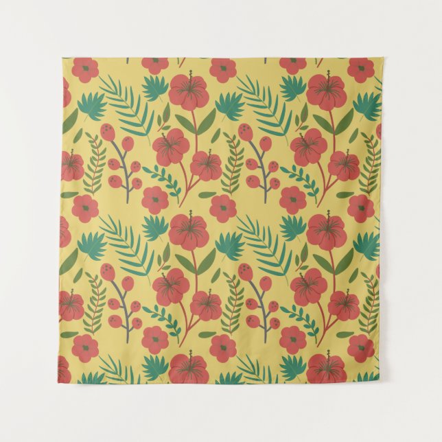 Tenture Floral sans couture motif rouge jaune vert fleurs (Devant)