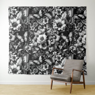 Tenture Florale d'antiquité monochrome avec papillons