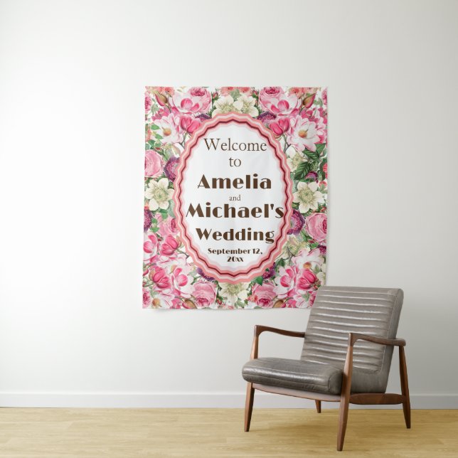 Tenture Flore blanche rose Mariage arrière-plan (En situation)