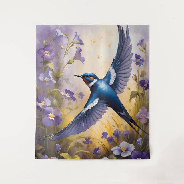 Tenture Flying Swallow Field of Violet Flowers (Devant)