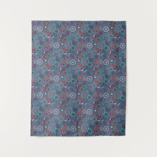 Tenture Folk ethnique abstrait motif floral rétro gris blu