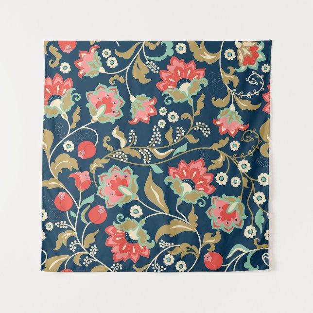 Tenture Folk Floral Colorful : Main Tirée Sans Seamless (Devant)