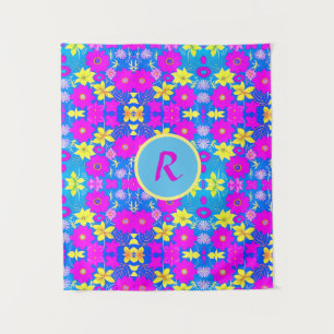 Tenture Fond à motif de fleurs rose bleu jaune ajouter nom