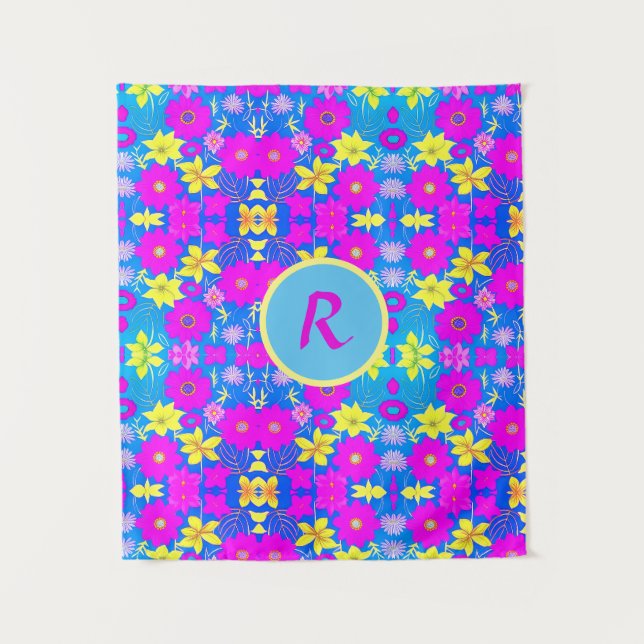 Tenture Fond à motif de fleurs rose bleu jaune ajouter nom (Devant)
