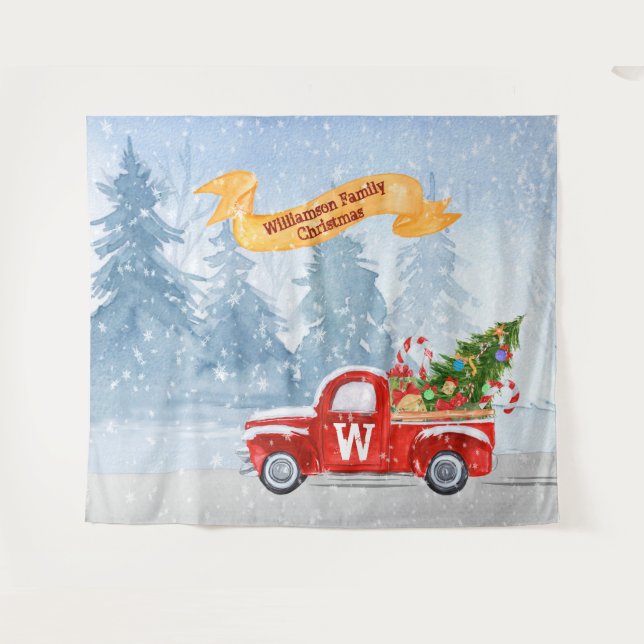 Tenture Fond arrière-plan enneigé de camion de Noël Monogr (Devant (Horizontal))
