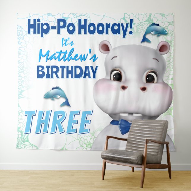 Tenture Fond d'anniversaire garçon poisson bleu hippopotam (En situation (horizontale))