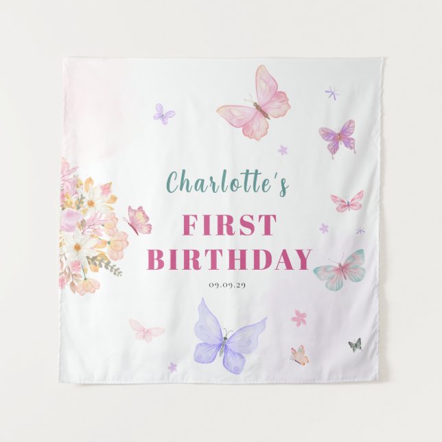 Tenture Fond d'anniversaire papillon rose pastel  (Devant)