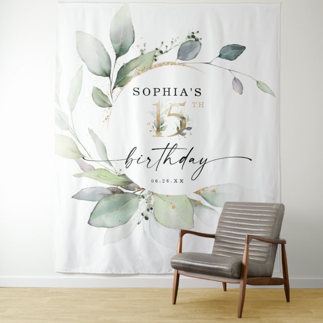 Tenture Fond de 15e anniversaire avec verdure à l'aquarell (En situation)