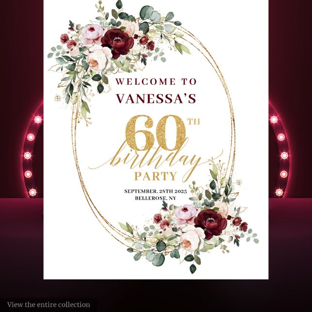 Tenture Fond de 60e anniversaire Boho Bourgogne Végétal Or (Boho Burgundy Greenery Gold 60th Birthday Backdrop)