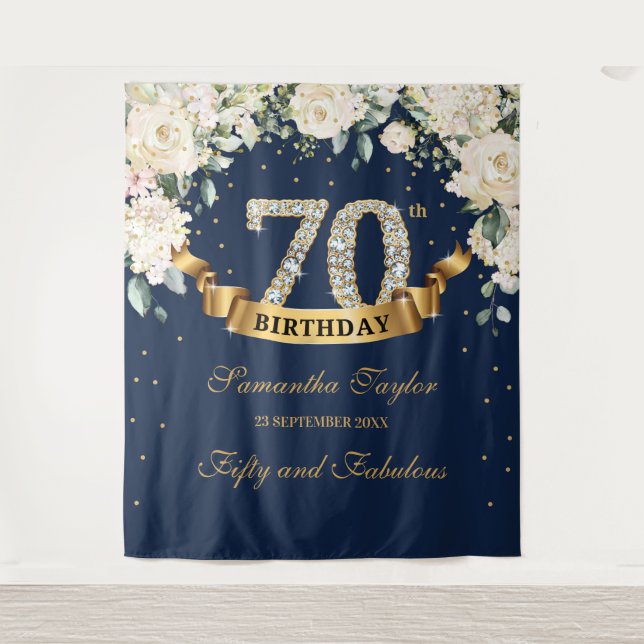 Tenture Fond de 70e anniversaire Navy Gold Greenery Floral (Devant)