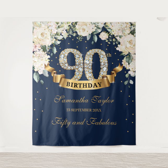 Tenture Fond de 90e anniversaire en fleurs verdoyantes or  (Devant)