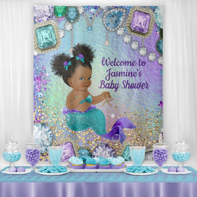 Tenture Fond de Baby Shower Afro Sirène Bébé (Add your own text, font style, font color for your event.)