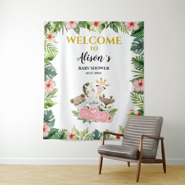 Tenture Fond de Baby Shower FILLE | Amis Safari Or (En situation)