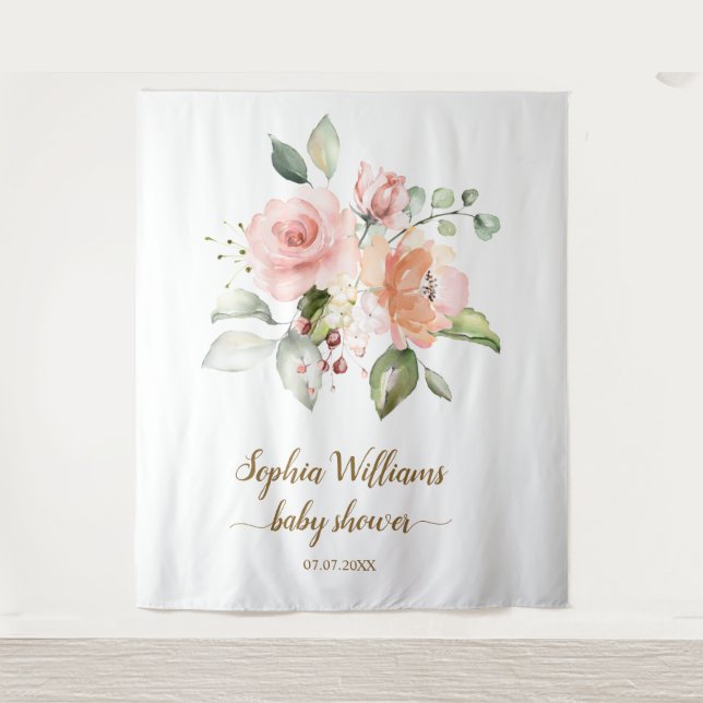 Tenture Fond de Baby Shower - Roses Roses Blush (Devant)