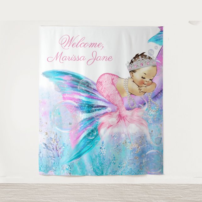 Tenture Fond de baby shower Sirène Brunette (Devant)