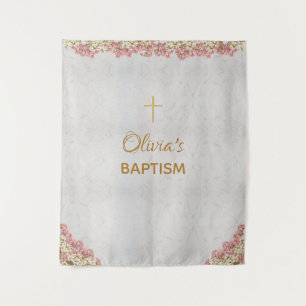 Tenture Fond de baptême Croix dorée Orchidées roses Marbre