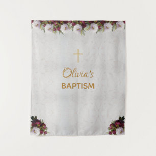 Tenture Fond de baptême Croix dorée Pivoine bordeaux Marbr