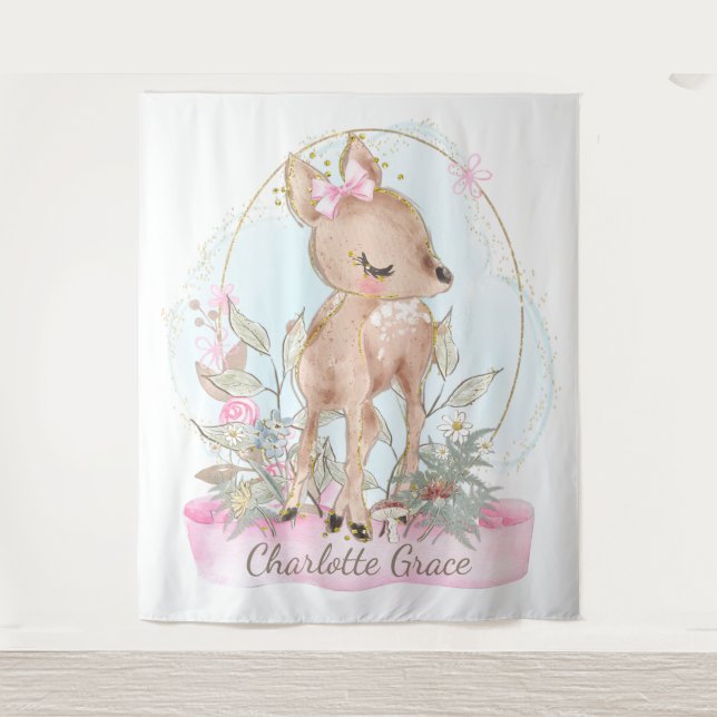 Tenture Fond de baptême de bébé cerf mignon fille (Devant)