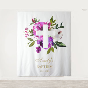 Tenture Fond de baptême pour fille - Croix de fleurs viole
