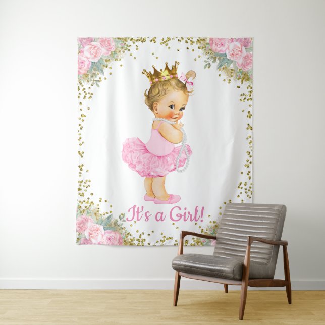 Tenture Fond de baptême Princesse en Or Rose (En situation)