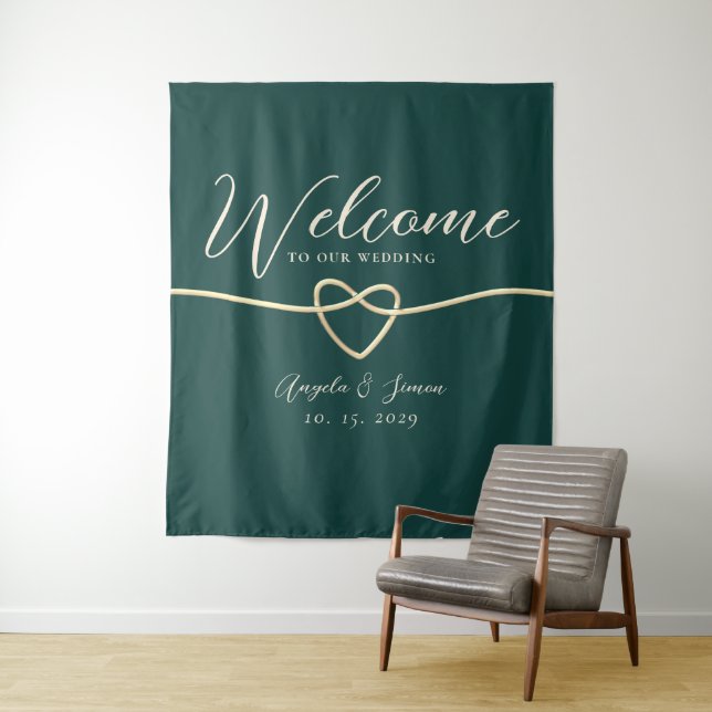 Tenture Fond de bienvenue de mariage vert émeraude chic (En situation)