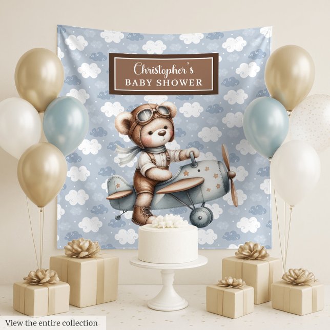 Tenture Fond de cabine de baby shower avec un ours en pelu (Trendy teddy bear pilot baby shower photo wall)