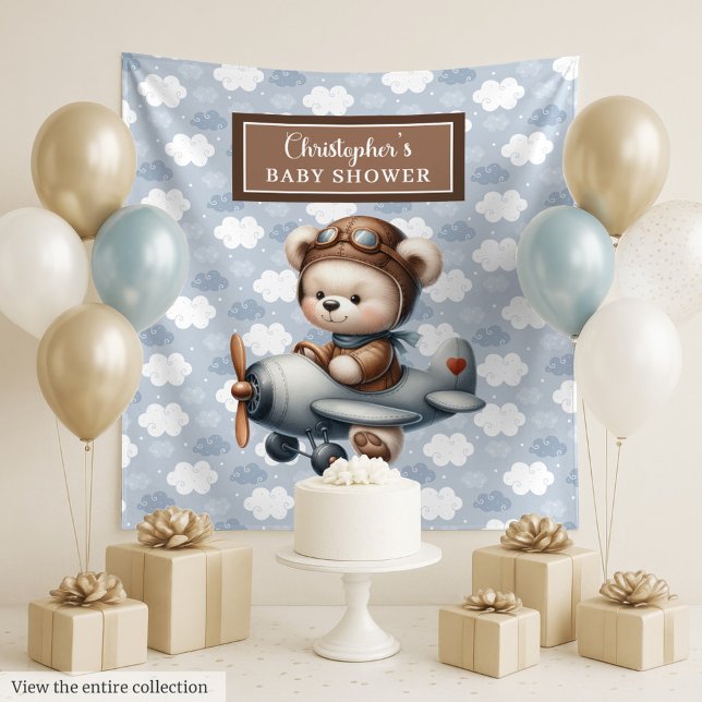 Tenture Fond de cabine de douche pour bébé pilote ourson e (Charming teddy bear pilot baby shower backdrop)