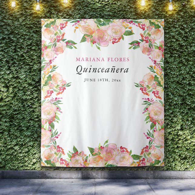 Tenture Fond de cabine photo chic floral Quinceanera (Blush pink and gold floral party backdrop from my Floral Chic Quinceanera Collection)