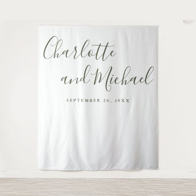 Tenture Fond de cabine photo de mariage Olive Green Script (Devant)