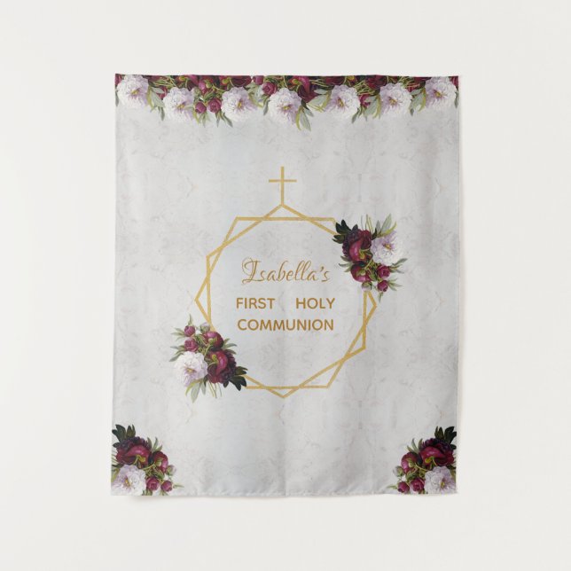 Tenture Fond de communion de fille, marbre bordeaux doré (Devant)