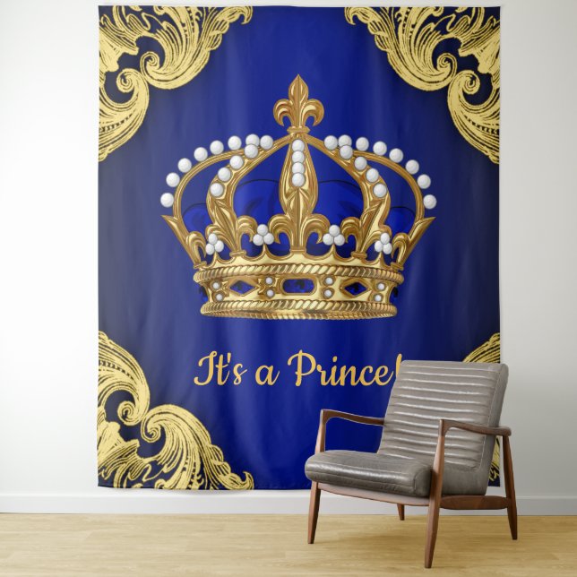 Tenture Fond de couronne royale bleu or extra large Prince (En situation)