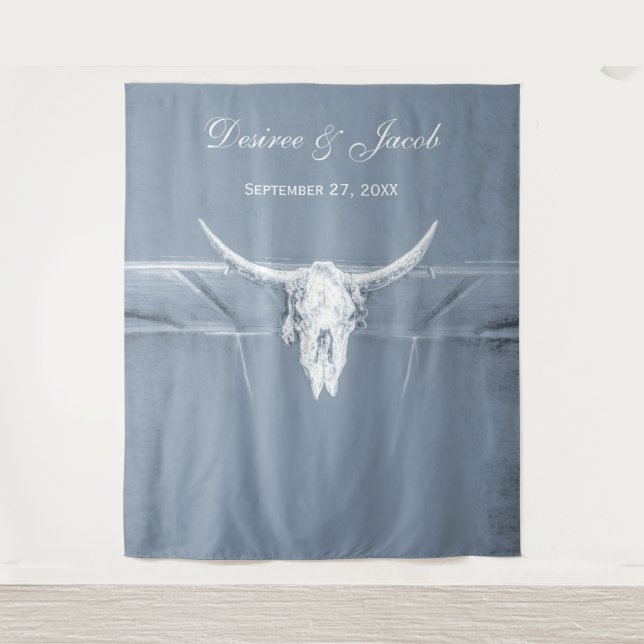 Tenture Fond de décor crâne de vache western blanc bleu po (Devant)