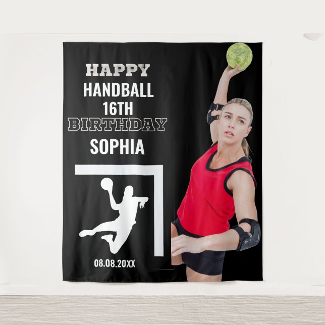 Tenture Fond de décor d'anniversaire handball, fille joueu (Devant)