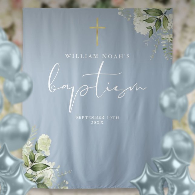 Tenture Fond de décor de baptême Dusty Blue Greenery (Dusty Blue Greenery Baptism Photo Backdrop)