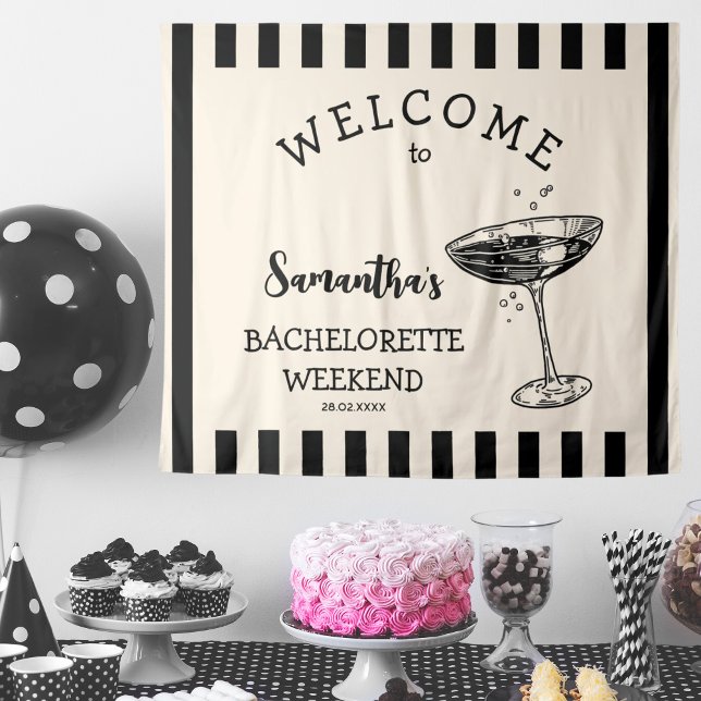 Tenture Fond de décor de fête de Bachelorette rétro Cockta (Retro Stripes Bachelorette Party Backdrop Cocktail Tapestry
black and white)