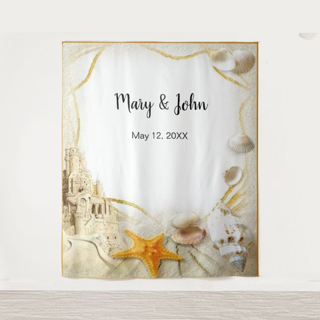 Tenture Fond de Décor de Mariage avec Château de Sable de  (Devant)