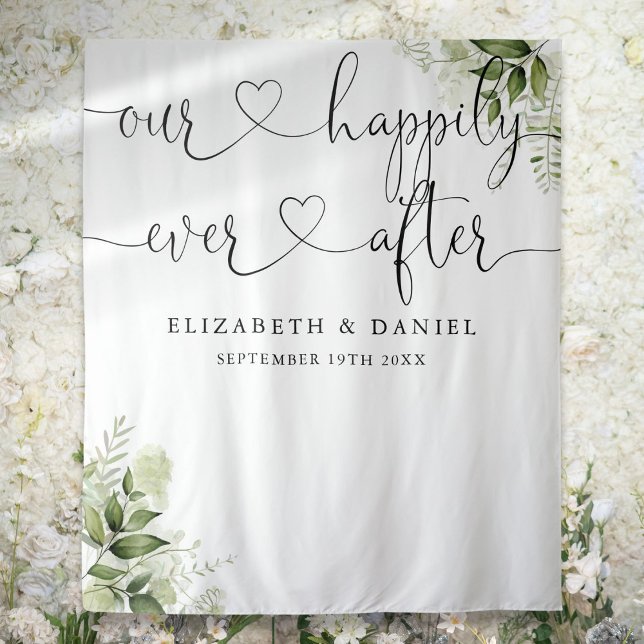 Tenture Fond de décor de mariage avec verdure et écriture  (Ever After Script Greenery Wedding Photo Backdrop)
